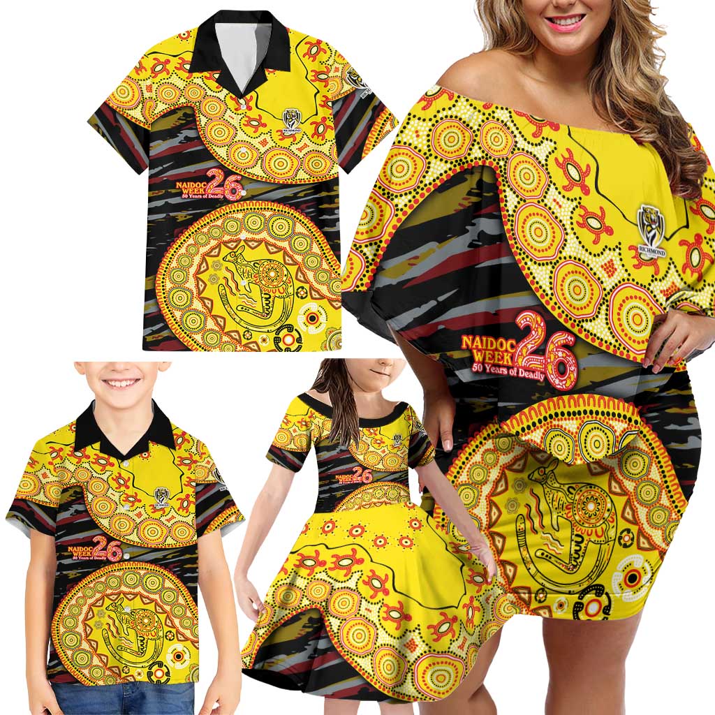 Richmond Tigers NAIDOC Week 2026 Family Matching Off Shoulder Short Dress and Hawaiian Shirt Australian Aboriginal Dot Art Dreamtime Pattern Style