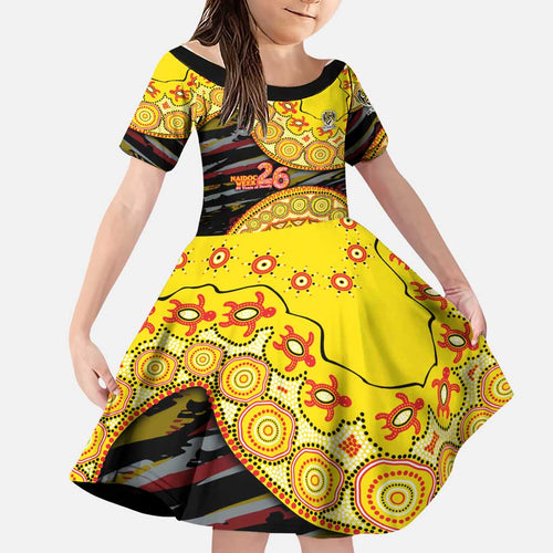 Richmond Tigers NAIDOC Week 2026 Family Matching Off Shoulder Short Dress and Hawaiian Shirt Australian Aboriginal Dot Art Dreamtime Pattern Style