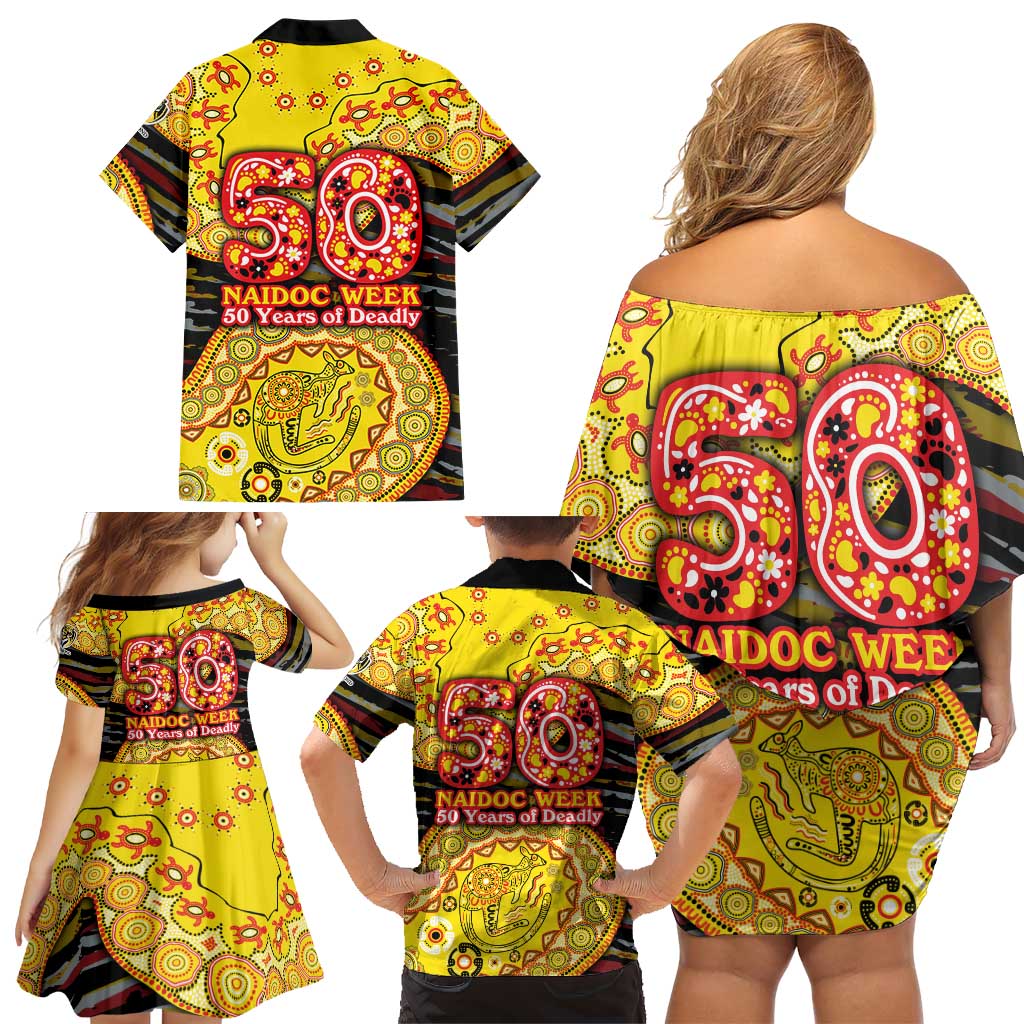 Richmond Tigers NAIDOC Week 2026 Family Matching Off Shoulder Short Dress and Hawaiian Shirt Australian Aboriginal Dot Art Dreamtime Pattern Style