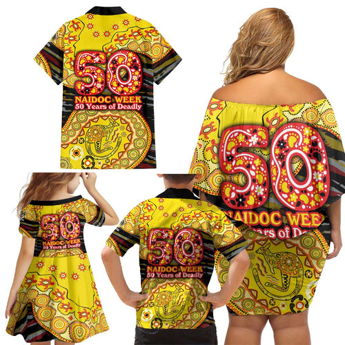 Richmond Tigers NAIDOC Week 2026 Family Matching Off Shoulder Short Dress and Hawaiian Shirt Australian Aboriginal Dot Art Dreamtime Pattern Style