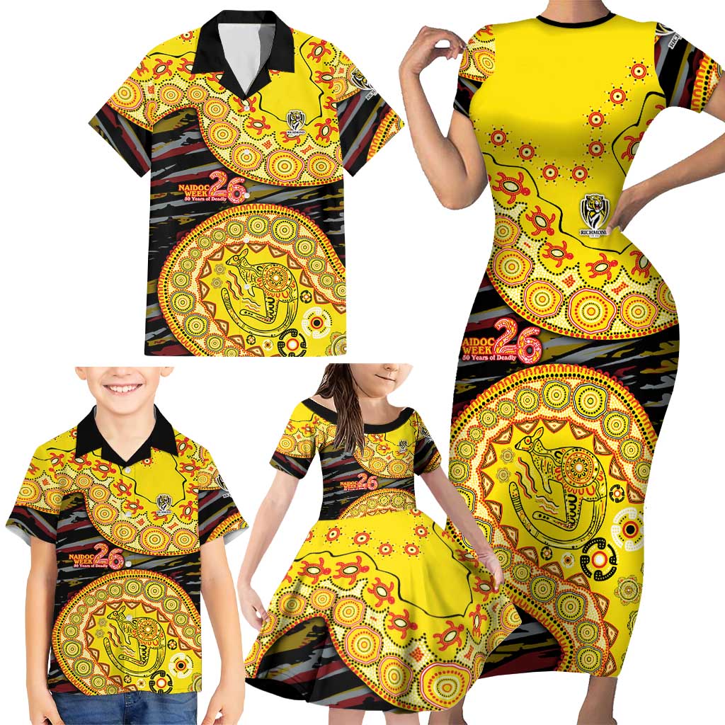 Richmond Tigers NAIDOC Week 2026 Family Matching Short Sleeve Bodycon Dress and Hawaiian Shirt Australian Aboriginal Dot Art Dreamtime Pattern Style