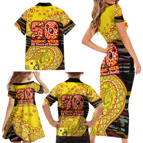 Richmond Tigers NAIDOC Week 2026 Family Matching Short Sleeve Bodycon Dress and Hawaiian Shirt Australian Aboriginal Dot Art Dreamtime Pattern Style