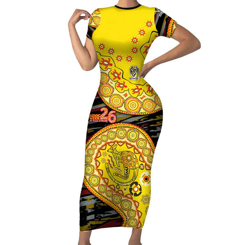 Richmond Tigers NAIDOC Week 2026 Family Matching Short Sleeve Bodycon Dress and Hawaiian Shirt Australian Aboriginal Dot Art Dreamtime Pattern Style