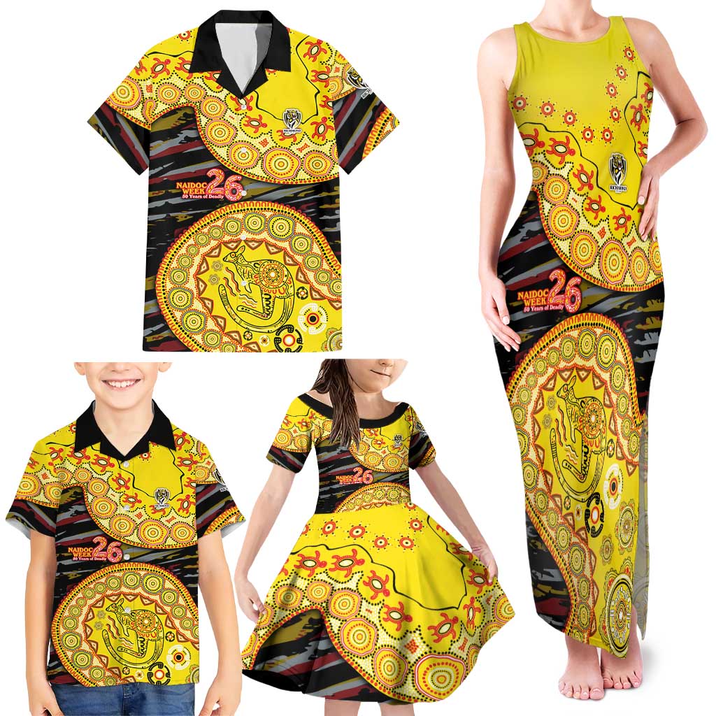 Richmond Tigers NAIDOC Week 2026 Family Matching Tank Maxi Dress and Hawaiian Shirt Australian Aboriginal Dot Art Dreamtime Pattern Style