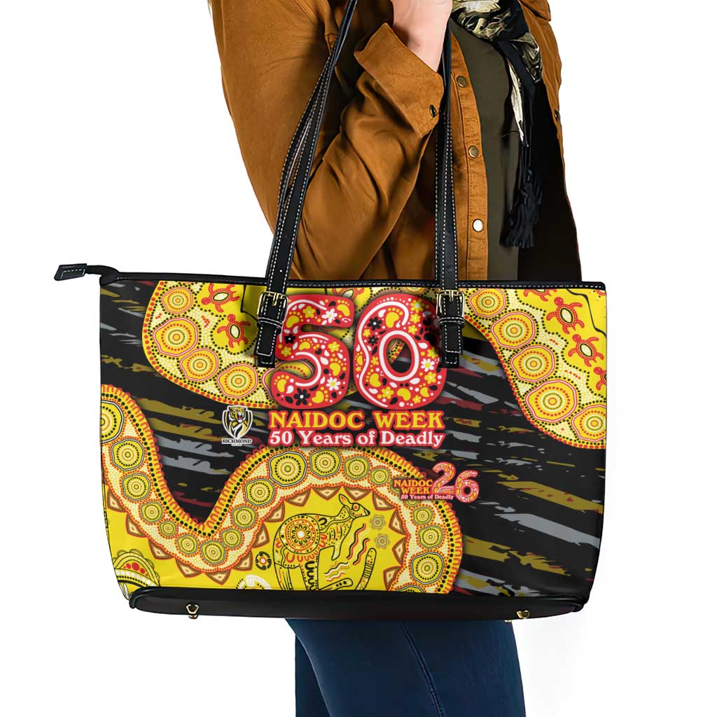 Richmond Tigers NAIDOC Week 2026 Leather Tote Bag Australian Aboriginal Dot Art Dreamtime Pattern Style