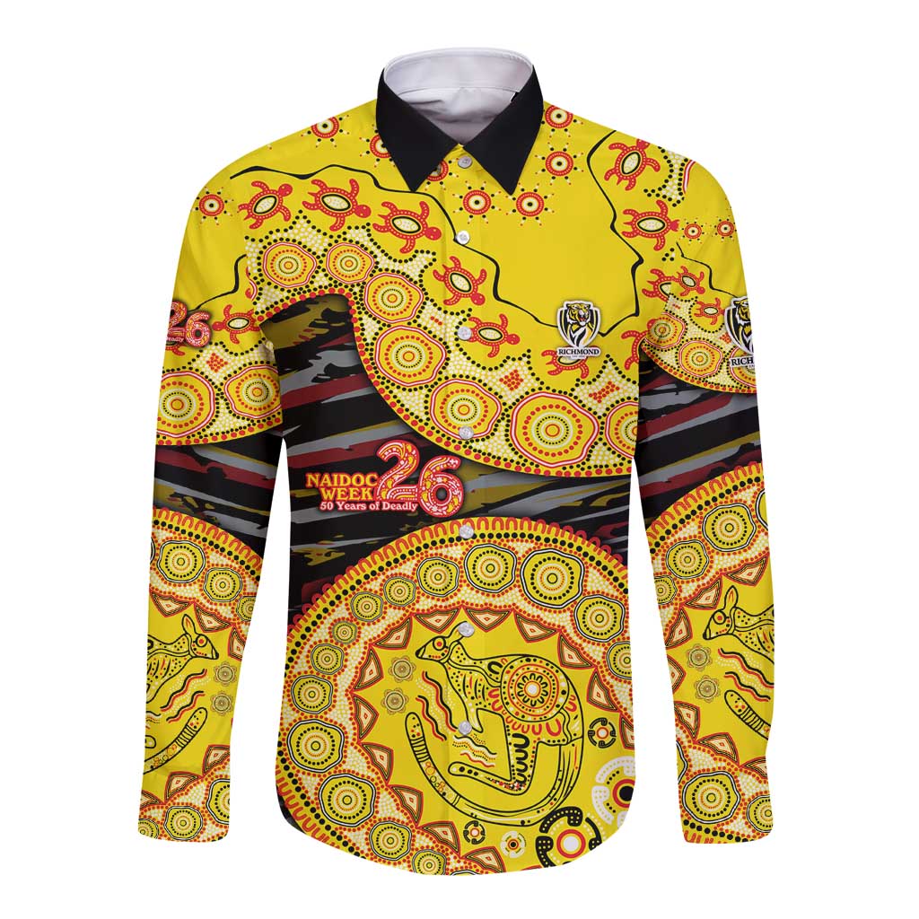 Richmond Tigers NAIDOC Week 2026 Long Sleeve Button Shirt Australian Aboriginal Dot Art Dreamtime Pattern Style