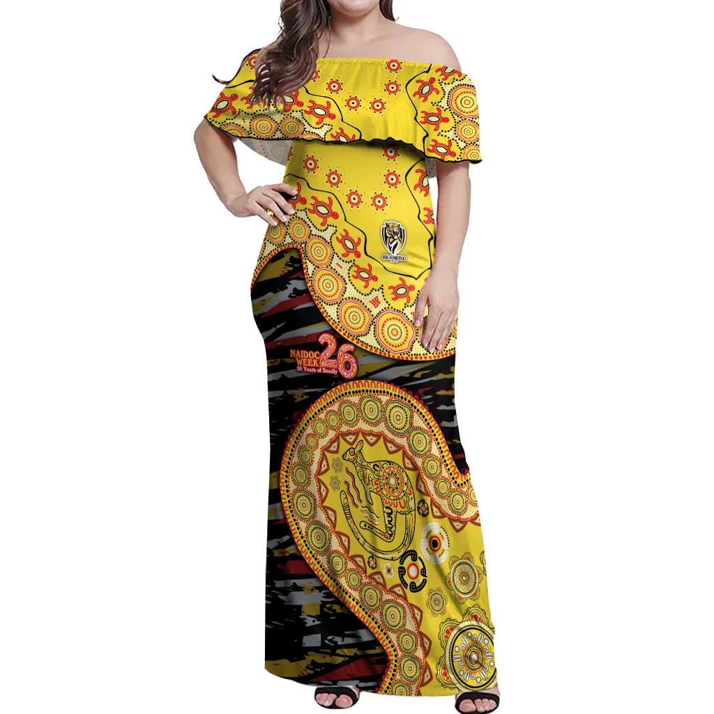 Richmond Tigers NAIDOC Week 2026 Off Shoulder Maxi Dress Australian Aboriginal Dot Art Dreamtime Pattern Style