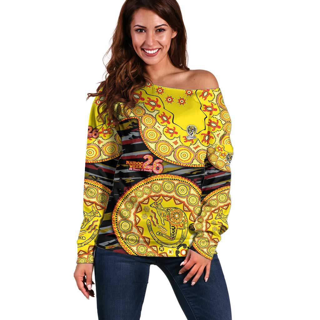 Richmond Tigers NAIDOC Week 2026 Off Shoulder Sweater Australian Aboriginal Dot Art Dreamtime Pattern Style