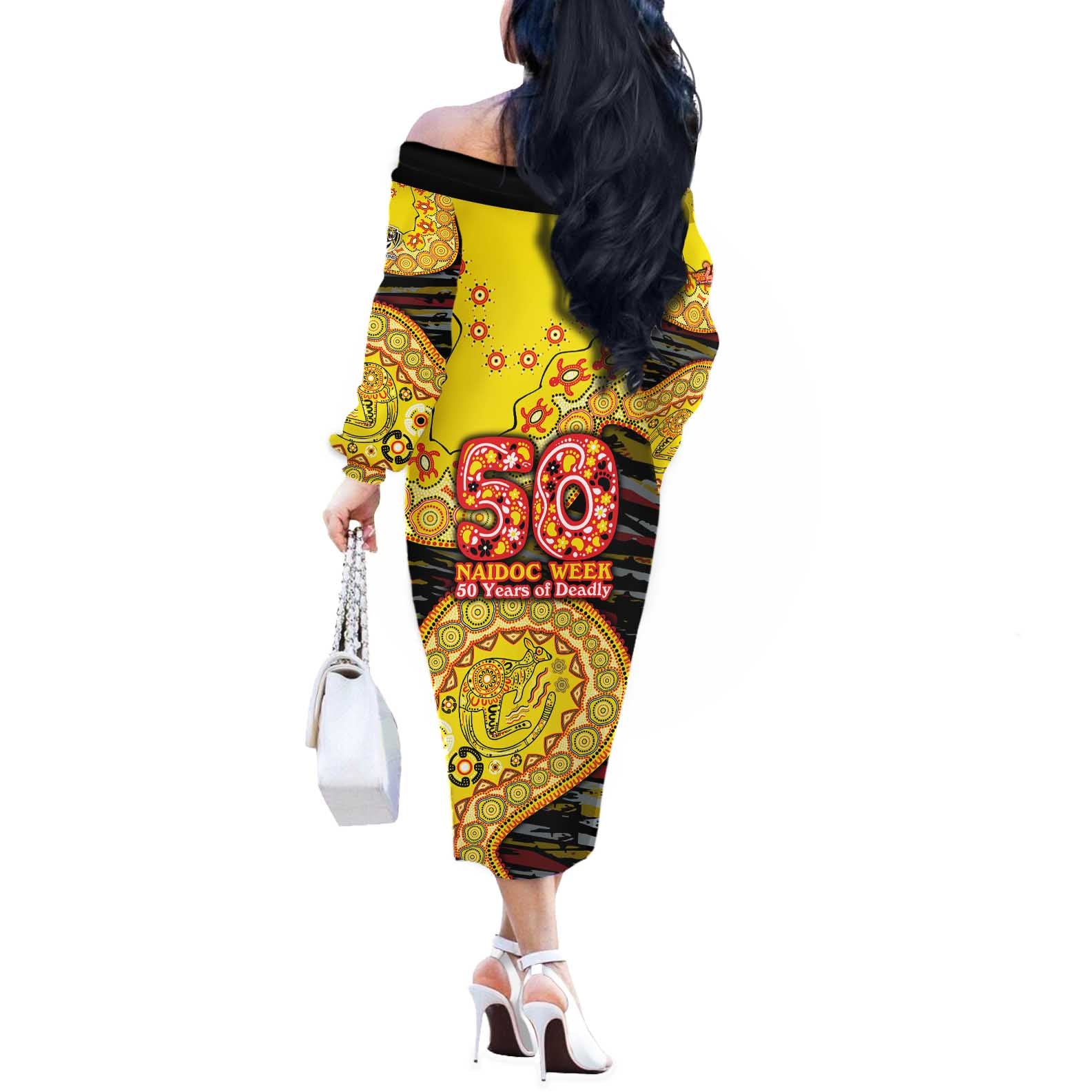 Richmond Tigers NAIDOC Week 2026 Off The Shoulder Long Sleeve Dress Australian Aboriginal Dot Art Dreamtime Pattern Style