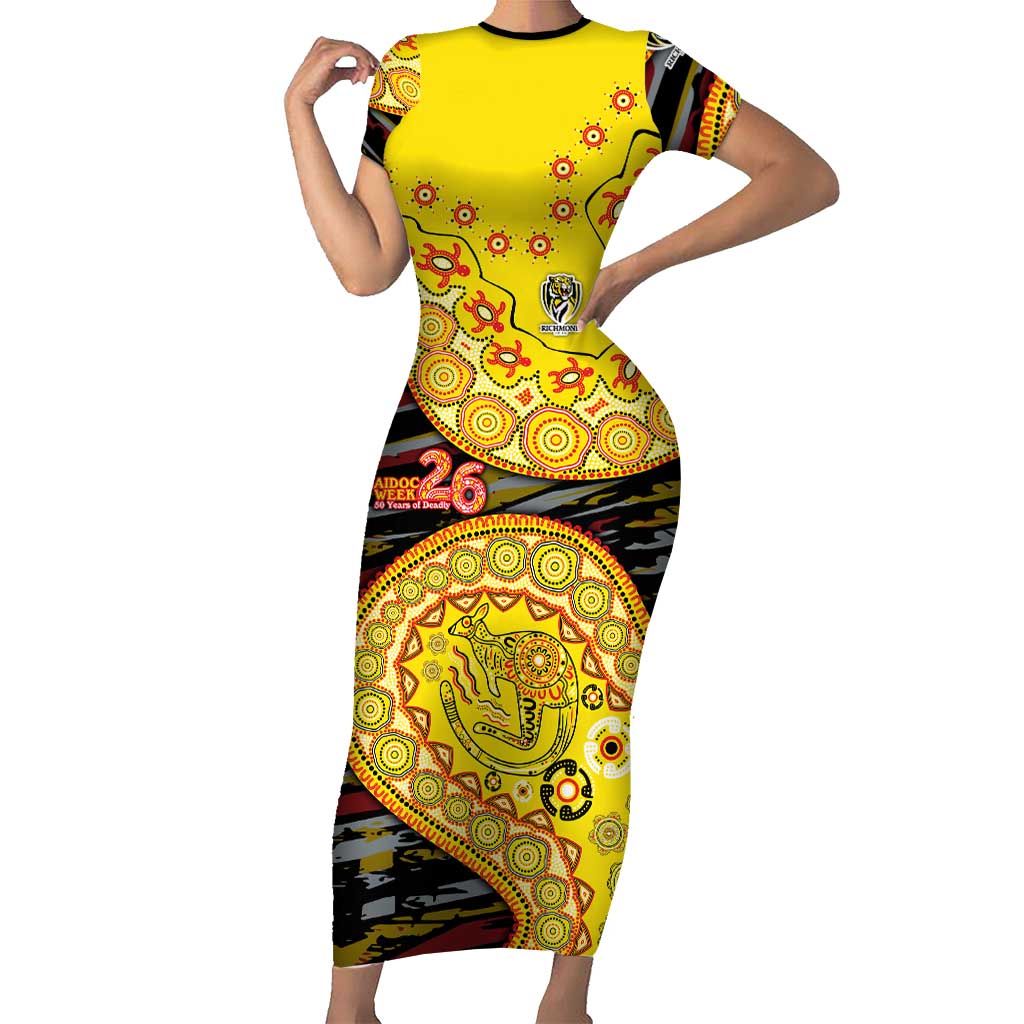 Richmond Tigers NAIDOC Week 2026 Short Sleeve Bodycon Dress Australian Aboriginal Dot Art Dreamtime Pattern Style
