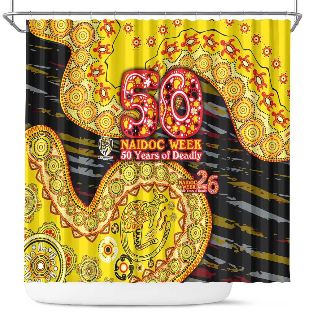 Richmond Tigers NAIDOC Week 2026 Shower Curtain Australian Aboriginal Dot Art Dreamtime Pattern Style