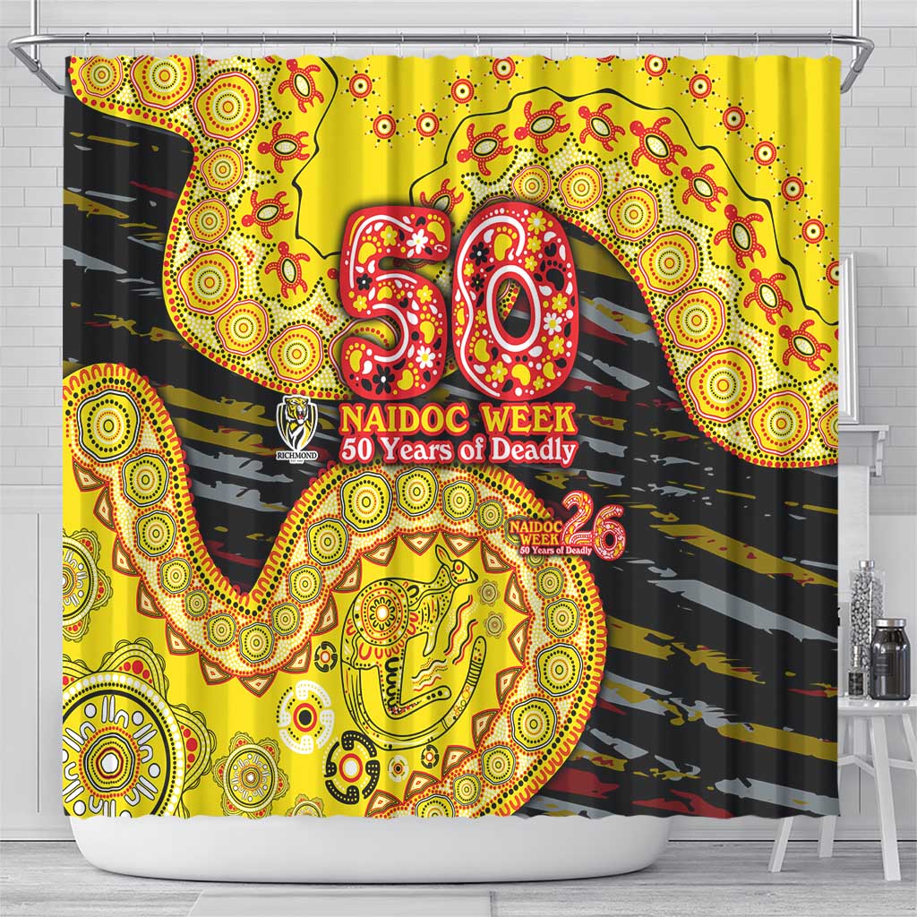Richmond Tigers NAIDOC Week 2026 Shower Curtain Australian Aboriginal Dot Art Dreamtime Pattern Style
