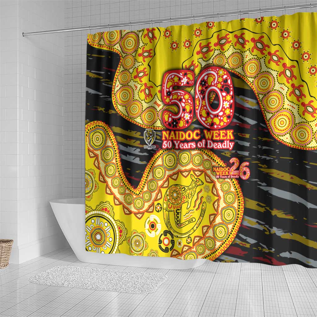 Richmond Tigers NAIDOC Week 2026 Shower Curtain Australian Aboriginal Dot Art Dreamtime Pattern Style