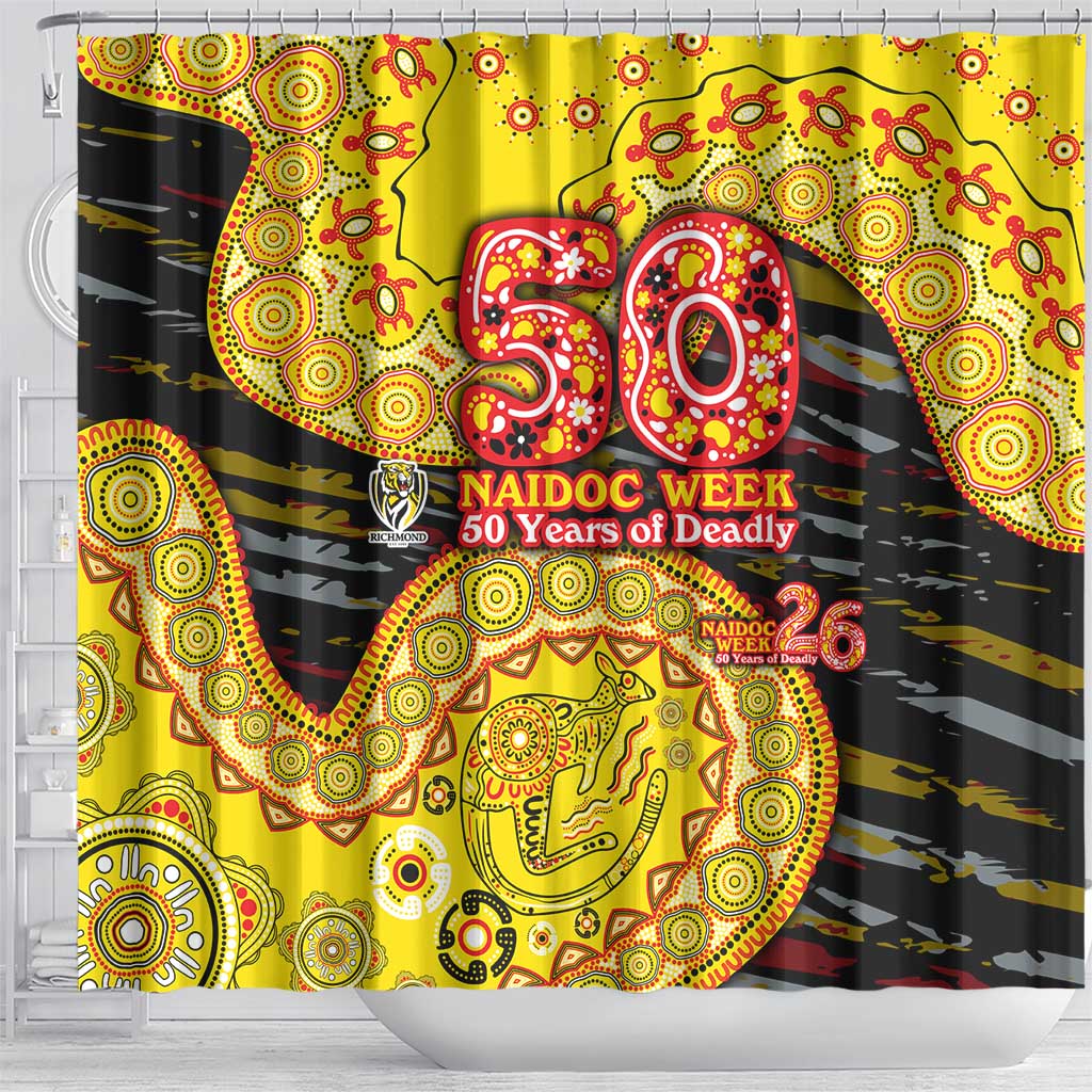 Richmond Tigers NAIDOC Week 2026 Shower Curtain Australian Aboriginal Dot Art Dreamtime Pattern Style