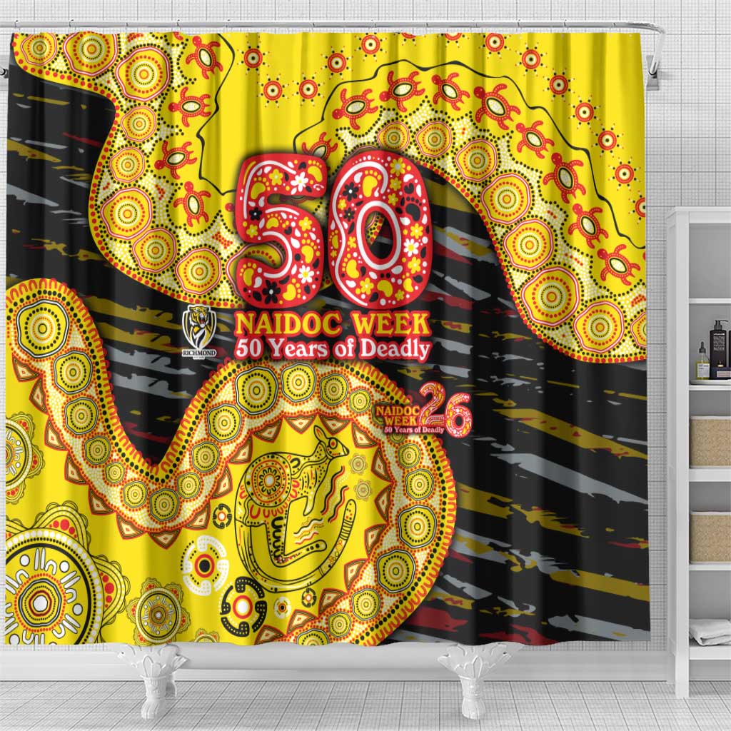 Richmond Tigers NAIDOC Week 2026 Shower Curtain Australian Aboriginal Dot Art Dreamtime Pattern Style