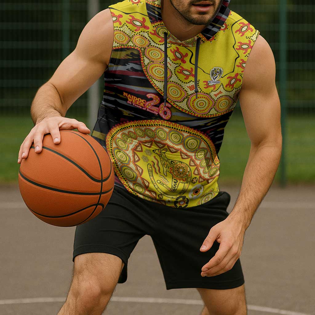 Richmond Tigers NAIDOC Week 2026 Sleeveless Hoodie Australian Aboriginal Dot Art Dreamtime Pattern Style