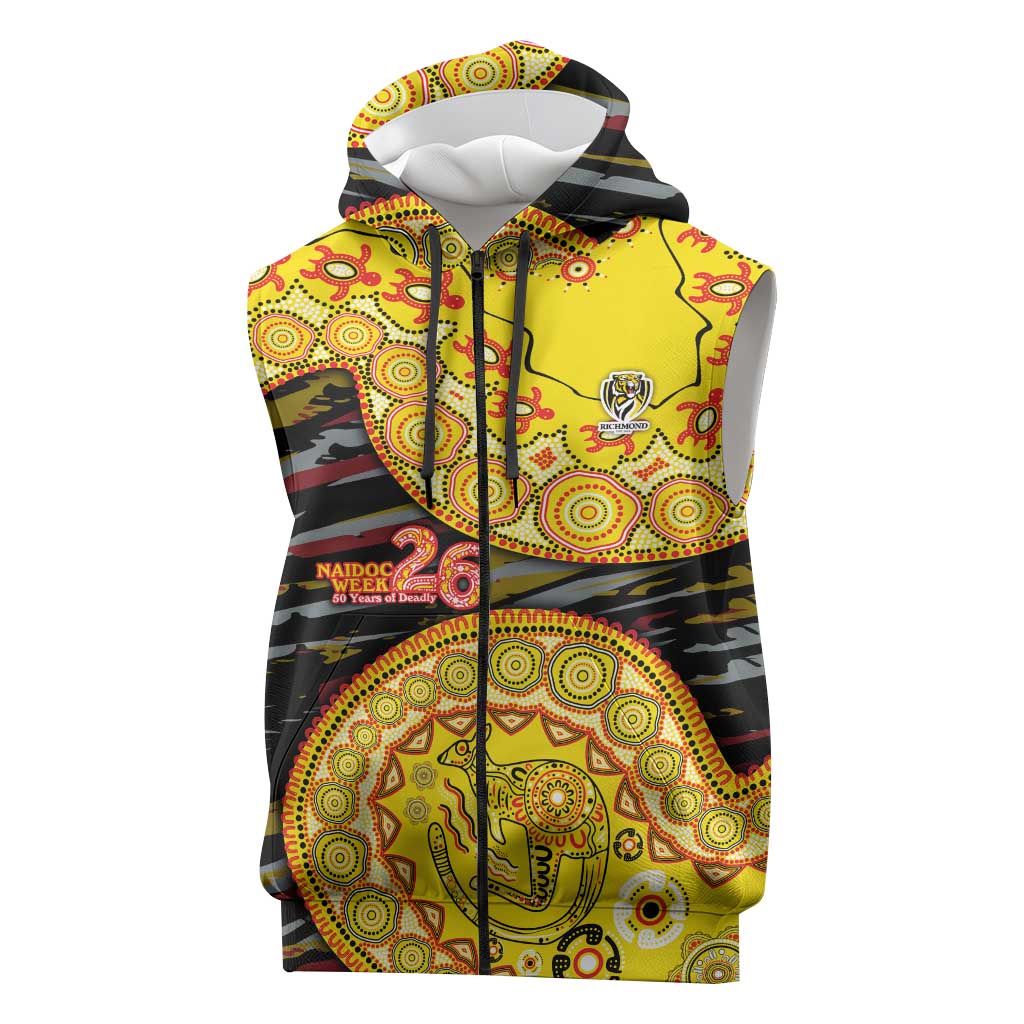 Richmond Tigers NAIDOC Week 2026 Sleeveless Zip Hoodie Australian Aboriginal Dot Art Dreamtime Pattern Style
