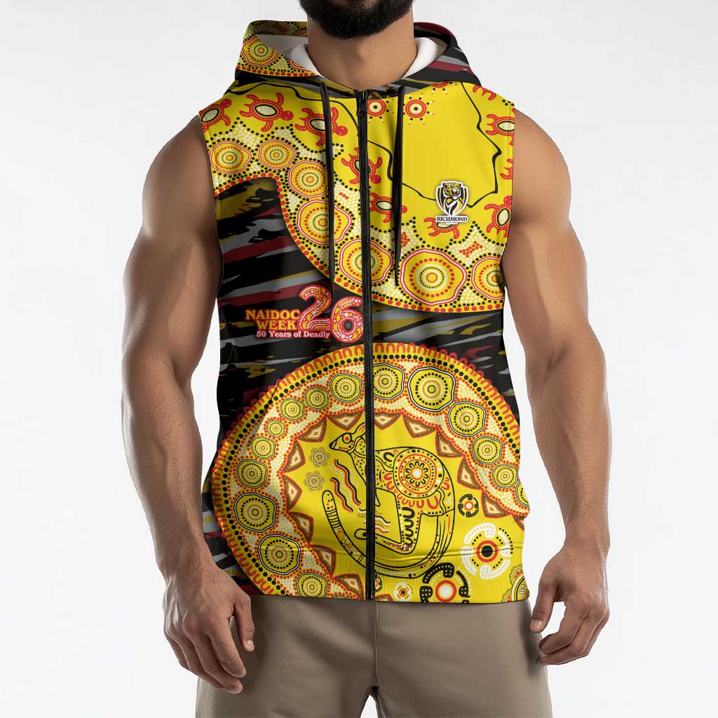Richmond Tigers NAIDOC Week 2026 Sleeveless Zip Hoodie Australian Aboriginal Dot Art Dreamtime Pattern Style