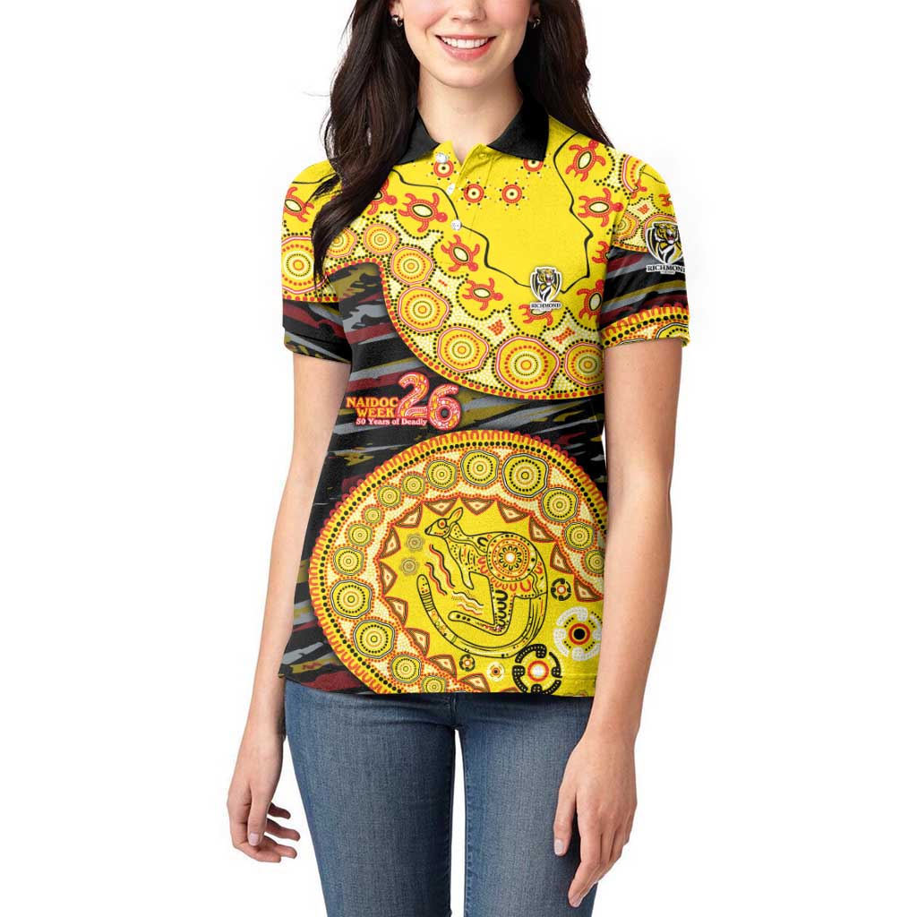 Richmond Tigers NAIDOC Week 2026 Women Polo Shirt Australian Aboriginal Dot Art Dreamtime Pattern Style