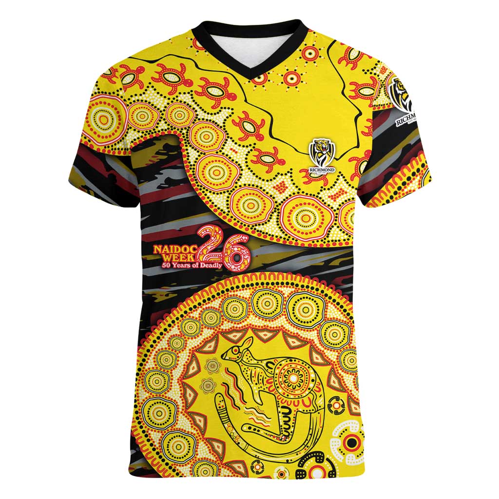 Richmond Tigers NAIDOC Week 2026 Women V-Neck T-Shirt Australian Aboriginal Dot Art Dreamtime Pattern Style