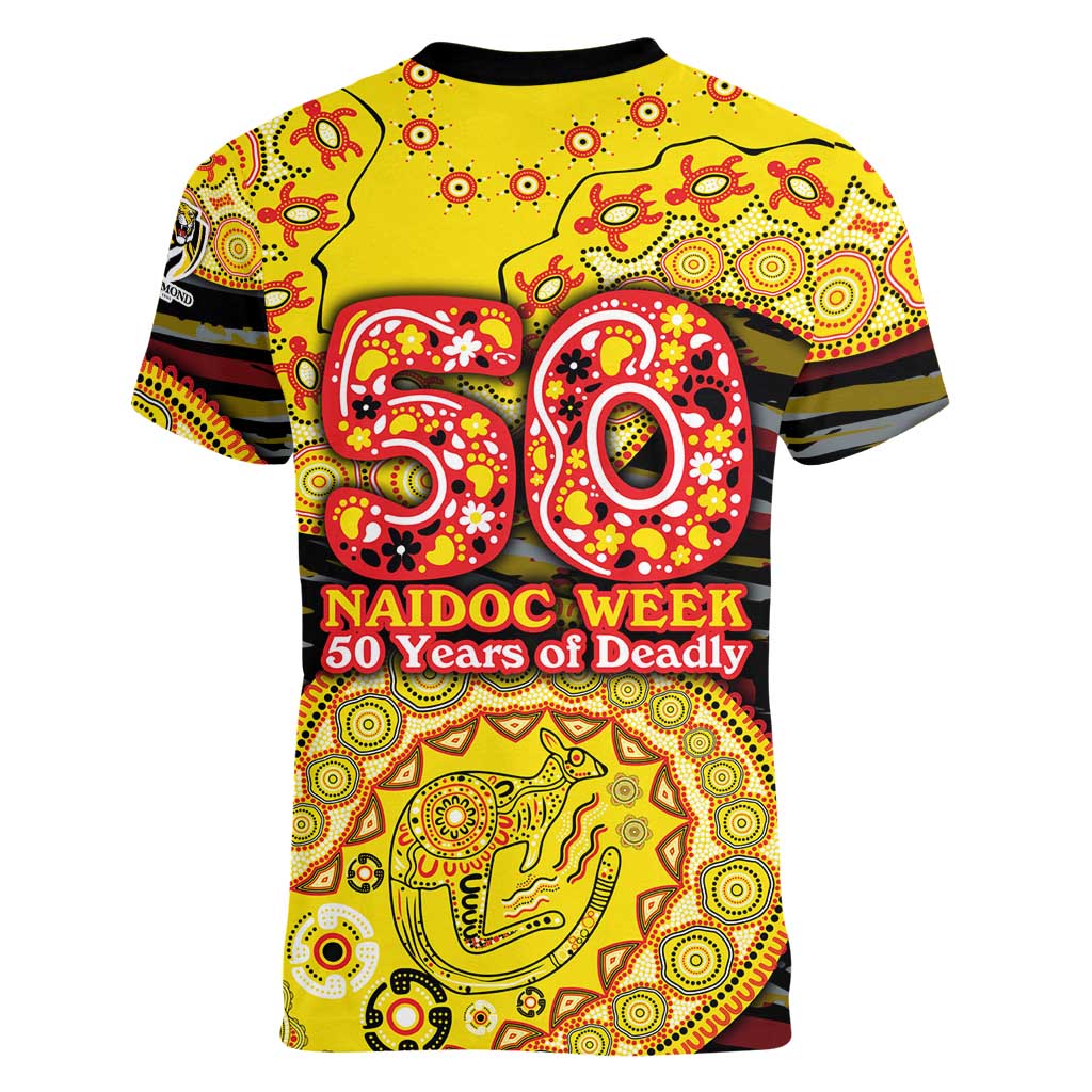 Richmond Tigers NAIDOC Week 2026 Women V-Neck T-Shirt Australian Aboriginal Dot Art Dreamtime Pattern Style