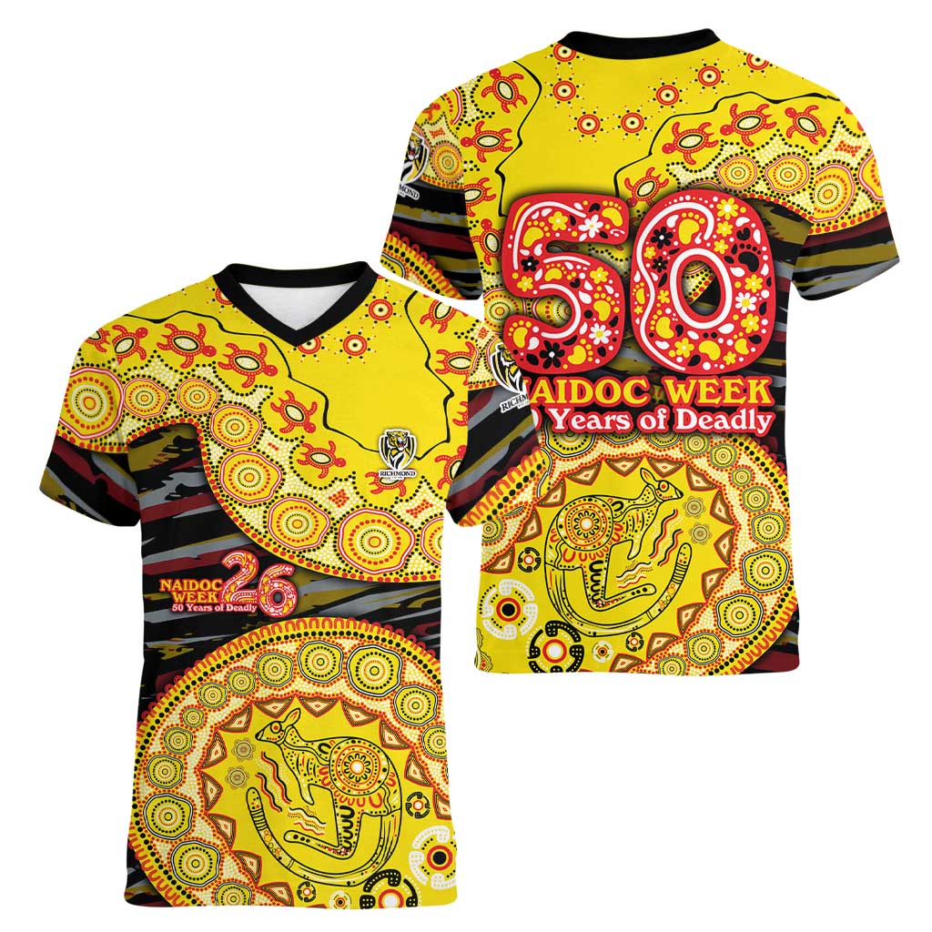Richmond Tigers NAIDOC Week 2026 Women V-Neck T-Shirt Australian Aboriginal Dot Art Dreamtime Pattern Style