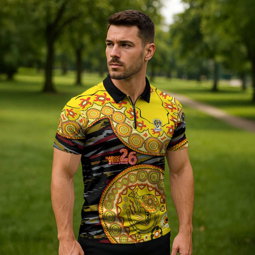 Richmond Tigers NAIDOC Week 2026 Zipper Polo Shirt Australian Aboriginal Dot Art Dreamtime Pattern Style