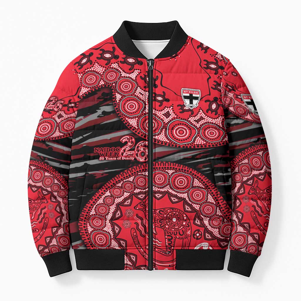 St Kilda Saints NAIDOC Week 2026 Bomber Puffer Jacket Australian Aboriginal Dot Art Dreamtime Pattern Style