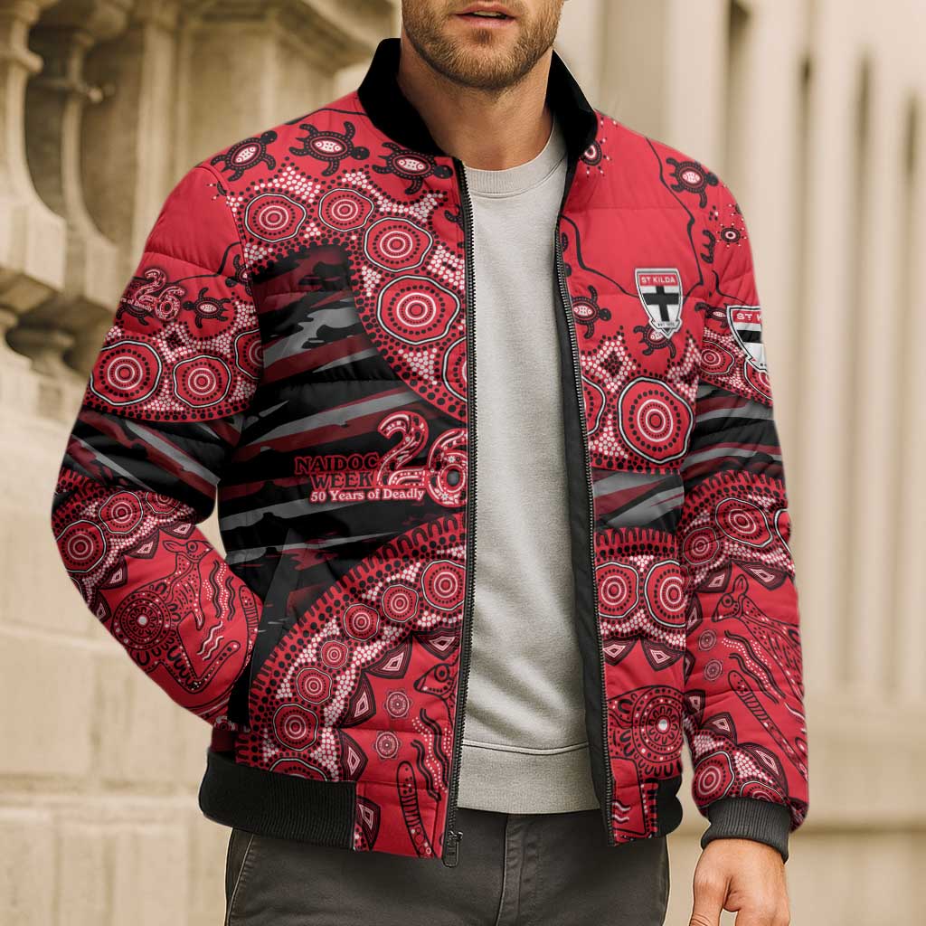 St Kilda Saints NAIDOC Week 2026 Bomber Puffer Jacket Australian Aboriginal Dot Art Dreamtime Pattern Style