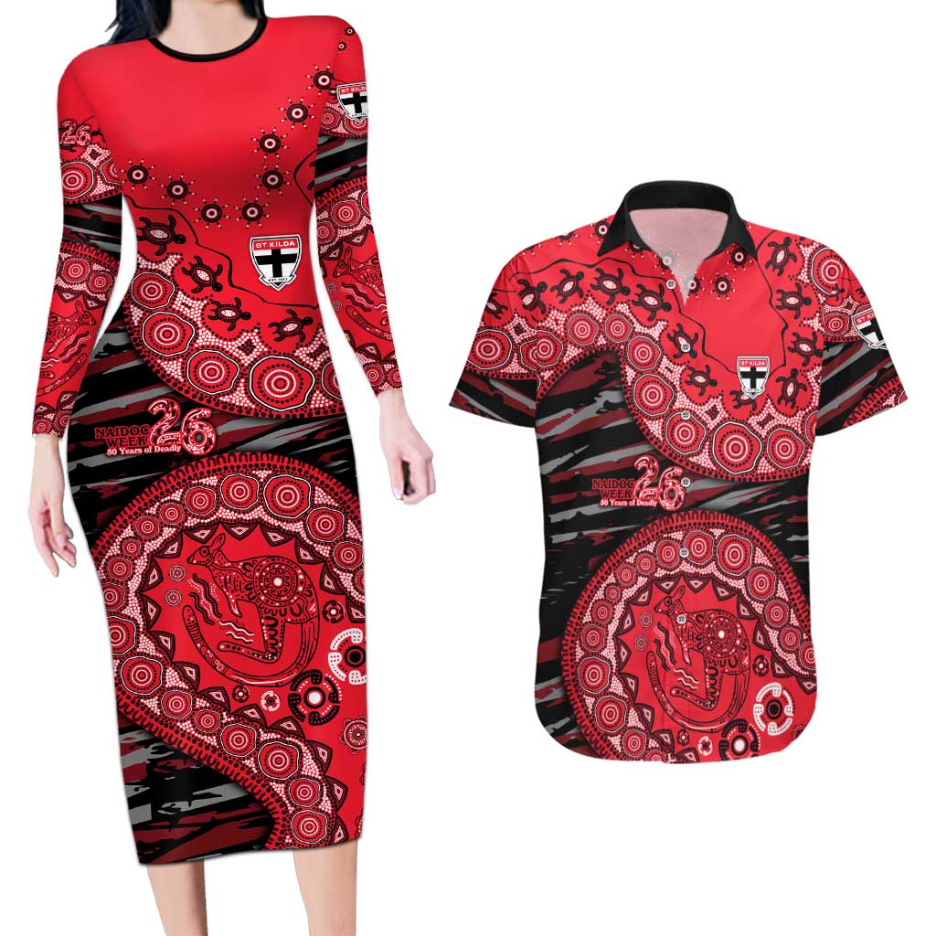 St Kilda Saints NAIDOC Week 2026 Couples Matching Long Sleeve Bodycon Dress and Hawaiian Shirt Australian Aboriginal Dot Art Dreamtime Pattern Style