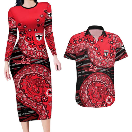 St Kilda Saints NAIDOC Week 2026 Couples Matching Long Sleeve Bodycon Dress and Hawaiian Shirt Australian Aboriginal Dot Art Dreamtime Pattern Style