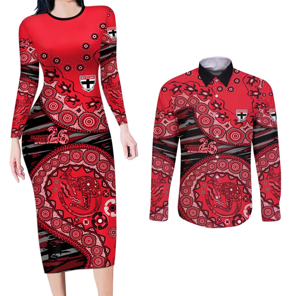 St Kilda Saints NAIDOC Week 2026 Couples Matching Long Sleeve Bodycon Dress and Long Sleeve Button Shirt Australian Aboriginal Dot Art Dreamtime Pattern Style
