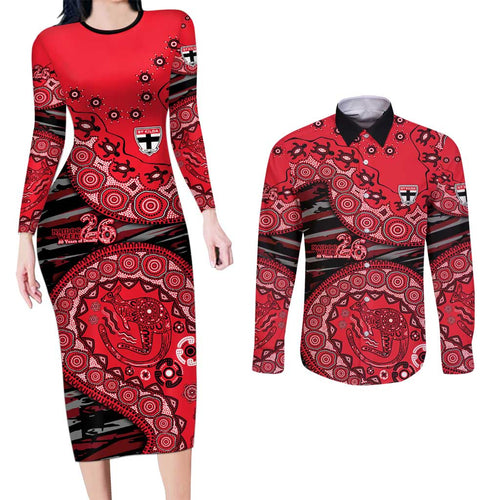 St Kilda Saints NAIDOC Week 2026 Couples Matching Long Sleeve Bodycon Dress and Long Sleeve Button Shirt Australian Aboriginal Dot Art Dreamtime Pattern Style