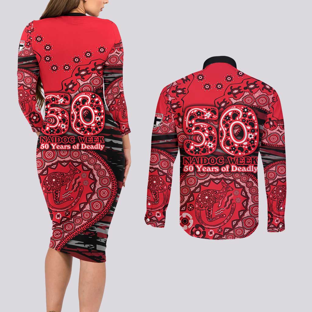 St Kilda Saints NAIDOC Week 2026 Couples Matching Long Sleeve Bodycon Dress and Long Sleeve Button Shirt Australian Aboriginal Dot Art Dreamtime Pattern Style