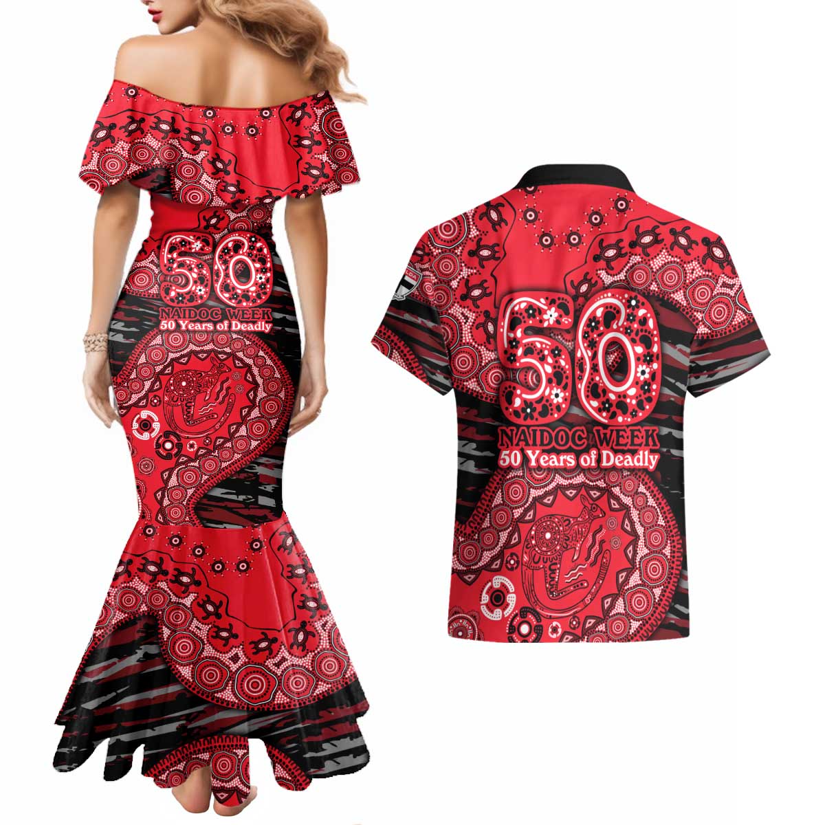 St Kilda Saints NAIDOC Week 2026 Couples Matching Mermaid Dress and Hawaiian Shirt Australian Aboriginal Dot Art Dreamtime Pattern Style