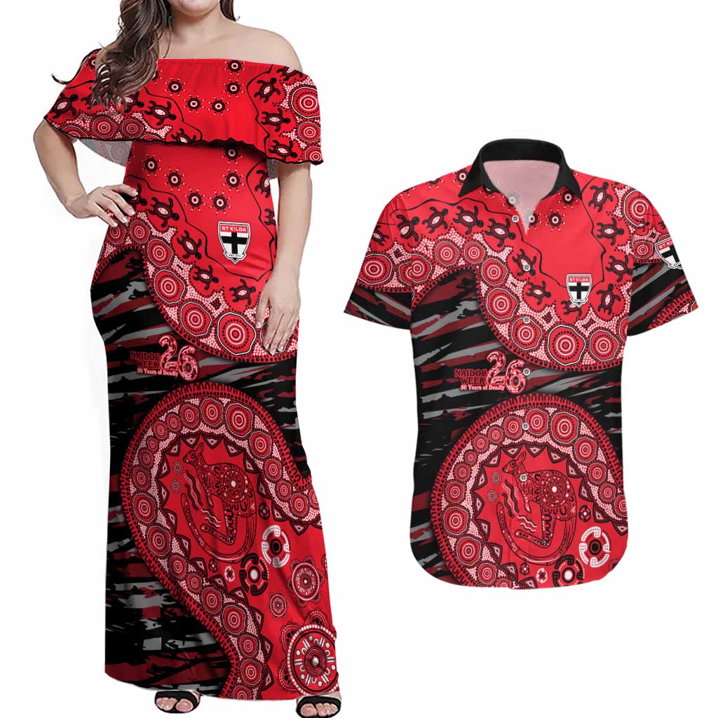 St Kilda Saints NAIDOC Week 2026 Couples Matching Off Shoulder Maxi Dress and Hawaiian Shirt Australian Aboriginal Dot Art Dreamtime Pattern Style