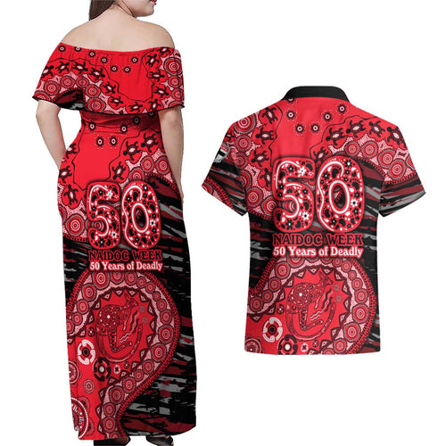 St Kilda Saints NAIDOC Week 2026 Couples Matching Off Shoulder Maxi Dress and Hawaiian Shirt Australian Aboriginal Dot Art Dreamtime Pattern Style