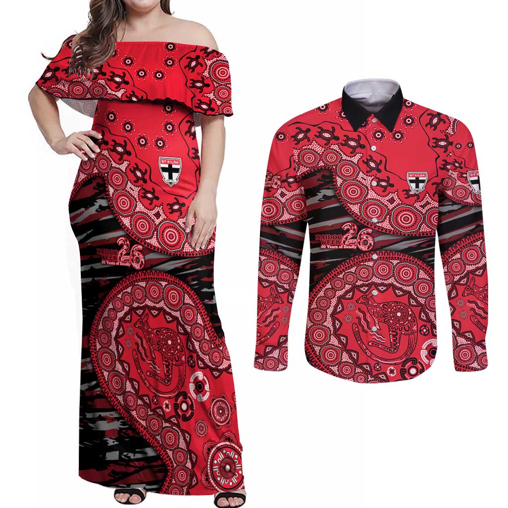 St Kilda Saints NAIDOC Week 2026 Couples Matching Off Shoulder Maxi Dress and Long Sleeve Button Shirt Australian Aboriginal Dot Art Dreamtime Pattern Style