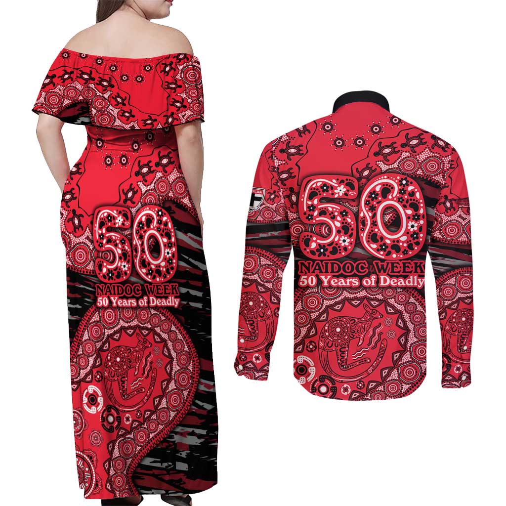 St Kilda Saints NAIDOC Week 2026 Couples Matching Off Shoulder Maxi Dress and Long Sleeve Button Shirt Australian Aboriginal Dot Art Dreamtime Pattern Style