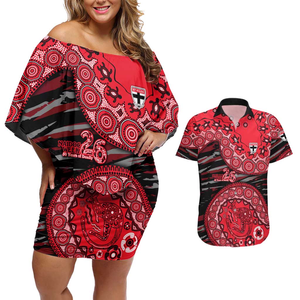 St Kilda Saints NAIDOC Week 2026 Couples Matching Off Shoulder Short Dress and Hawaiian Shirt Australian Aboriginal Dot Art Dreamtime Pattern Style