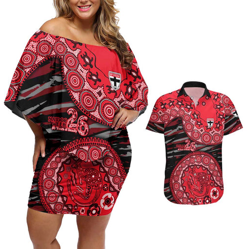 St Kilda Saints NAIDOC Week 2026 Couples Matching Off Shoulder Short Dress and Hawaiian Shirt Australian Aboriginal Dot Art Dreamtime Pattern Style