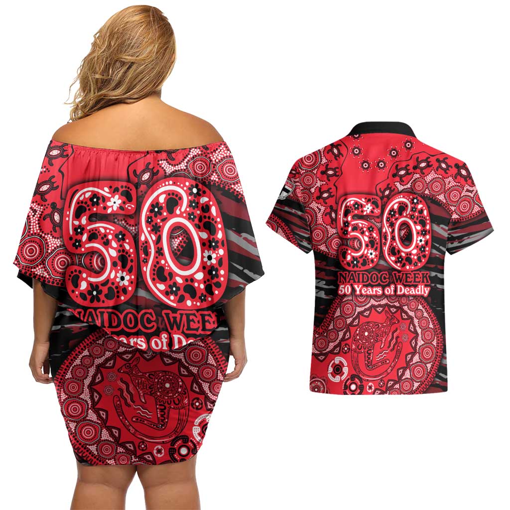 St Kilda Saints NAIDOC Week 2026 Couples Matching Off Shoulder Short Dress and Hawaiian Shirt Australian Aboriginal Dot Art Dreamtime Pattern Style