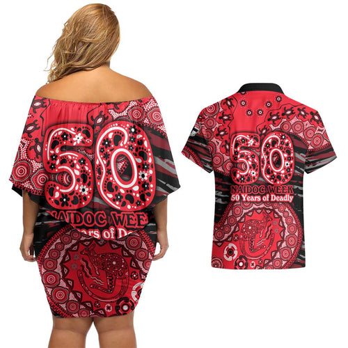 St Kilda Saints NAIDOC Week 2026 Couples Matching Off Shoulder Short Dress and Hawaiian Shirt Australian Aboriginal Dot Art Dreamtime Pattern Style