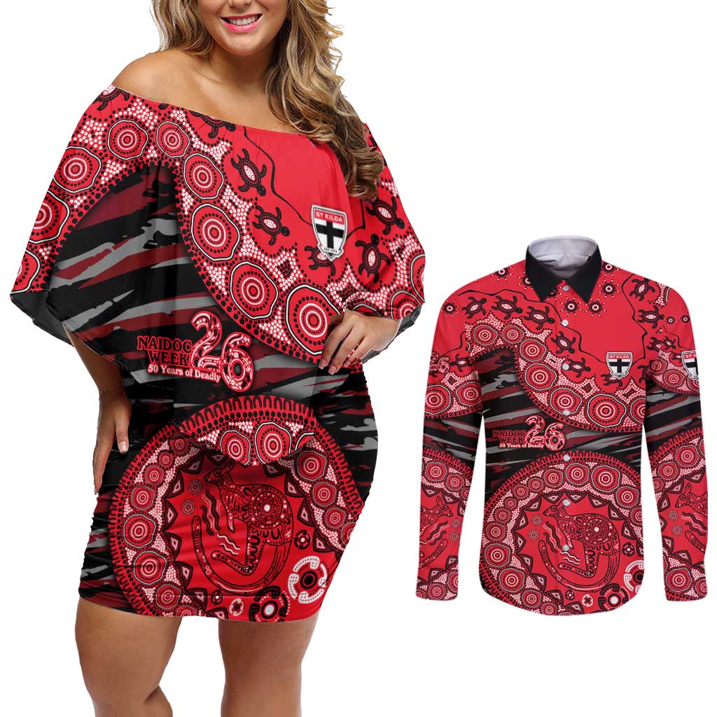 St Kilda Saints NAIDOC Week 2026 Couples Matching Off Shoulder Short Dress and Long Sleeve Button Shirt Australian Aboriginal Dot Art Dreamtime Pattern Style