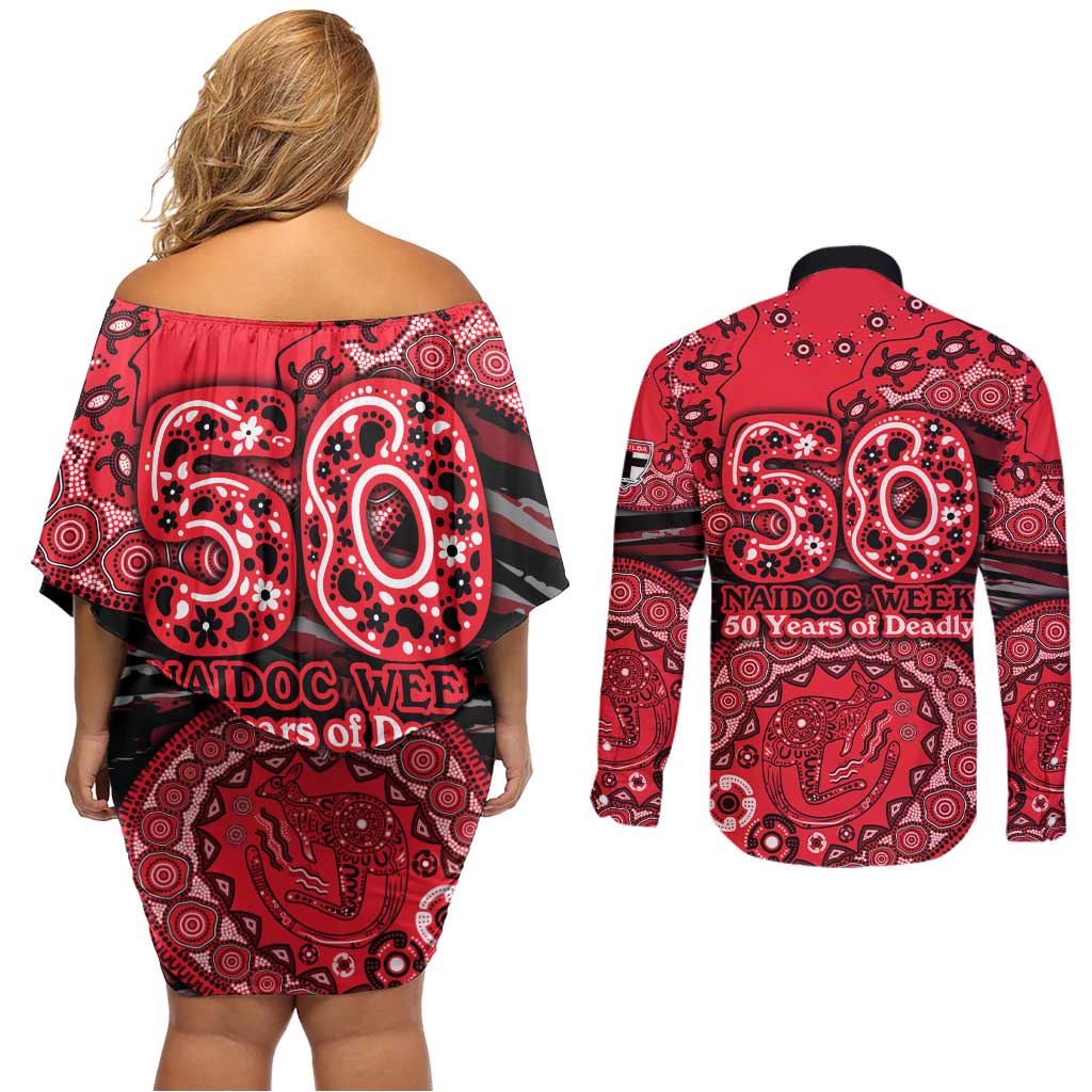 St Kilda Saints NAIDOC Week 2026 Couples Matching Off Shoulder Short Dress and Long Sleeve Button Shirt Australian Aboriginal Dot Art Dreamtime Pattern Style