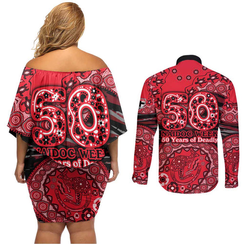 St Kilda Saints NAIDOC Week 2026 Couples Matching Off Shoulder Short Dress and Long Sleeve Button Shirt Australian Aboriginal Dot Art Dreamtime Pattern Style