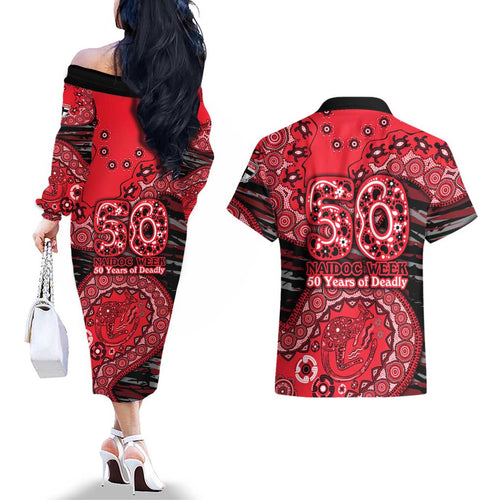 St Kilda Saints NAIDOC Week 2026 Couples Matching Off The Shoulder Long Sleeve Dress and Hawaiian Shirt Australian Aboriginal Dot Art Dreamtime Pattern Style