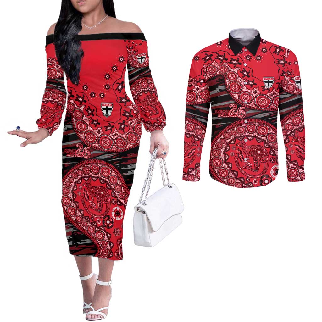 St Kilda Saints NAIDOC Week 2026 Couples Matching Off The Shoulder Long Sleeve Dress and Long Sleeve Button Shirt Australian Aboriginal Dot Art Dreamtime Pattern Style