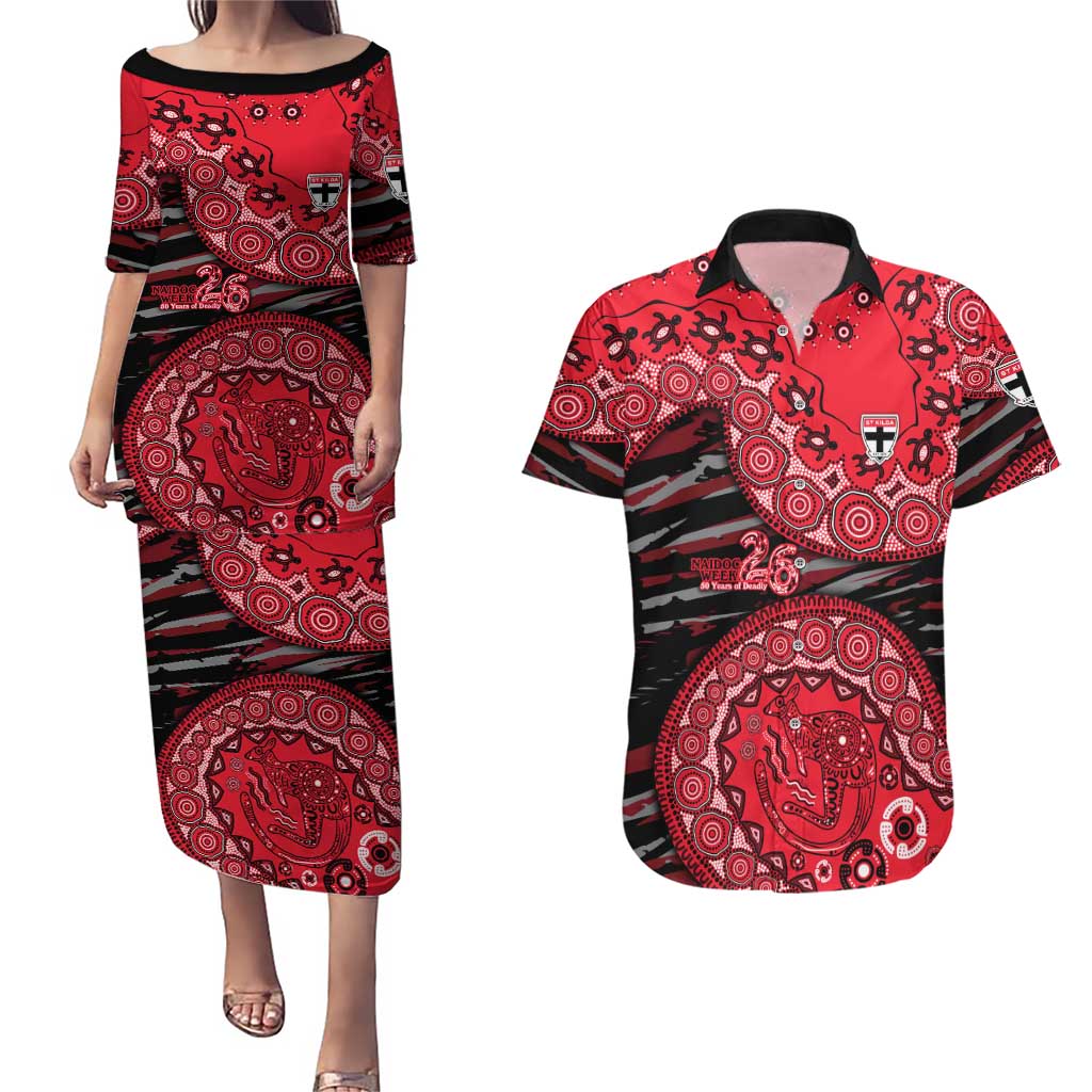St Kilda Saints NAIDOC Week 2026 Couples Matching Puletasi and Hawaiian Shirt Australian Aboriginal Dot Art Dreamtime Pattern Style