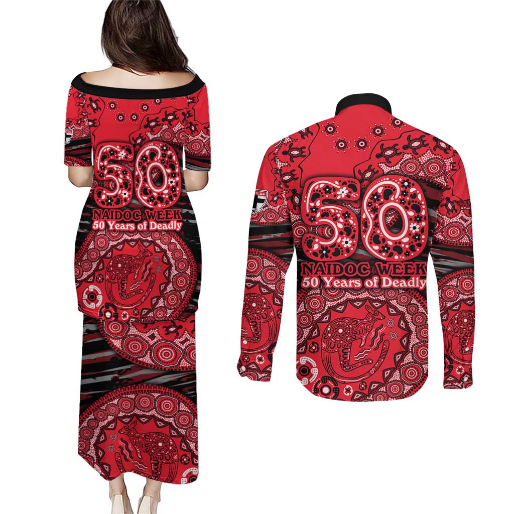St Kilda Saints NAIDOC Week 2026 Couples Matching Puletasi and Long Sleeve Button Shirt Australian Aboriginal Dot Art Dreamtime Pattern Style